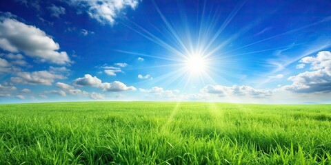 Summer background with a clear blue sky, lush green meadow, and bright sunlight streaming in, sunlight, blue sky, summer season, outdoors, relaxation, sunny,summer, vacation, meadow, nature