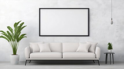 Minimalist living room with white sofa, decorative plant, and empty frame on light wall, modern interior design.