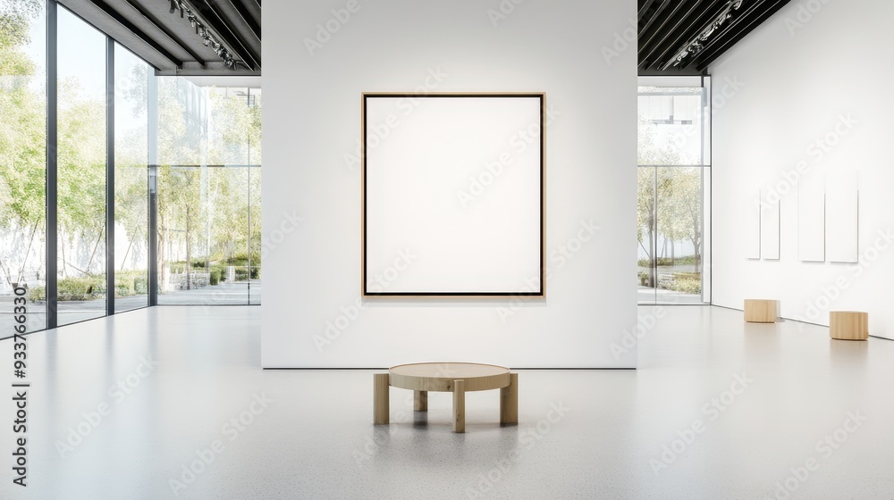 Poster modern art gallery with a large blank canvas displayed on the wall, minimalist decor, wooden bench i