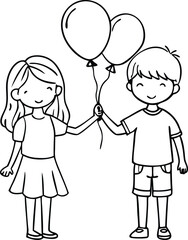 girl and boy with balloons line art illustration black and white