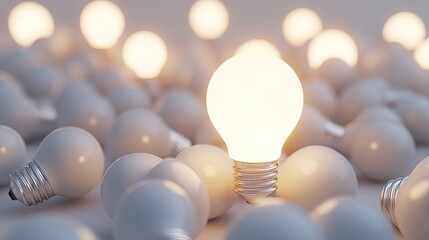 3D illustration of a standout glowing light bulb among white background bulbs, providing ample room for inserting creative writing