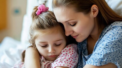 Pediatric oncology nurse a childrens hospital comforting a child receiving chemotherapy