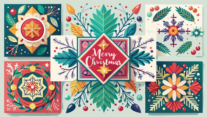 Merry Christmas greeting cards. Trendy square Winter Holidays art templates. border design is pattern Thai art style.