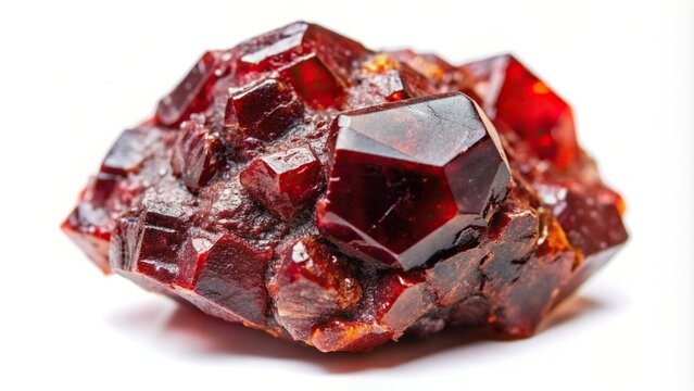 A close up view of a natural rough garnet pyrope almandine crystal featuring its vibrant red color and rough surface texture photographed from a bird s eye perspective on a white background