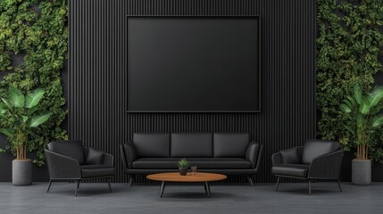 Modern living room with black furniture, green plants, and a large blank screen on a dark wall. Minimalist interior design concept.