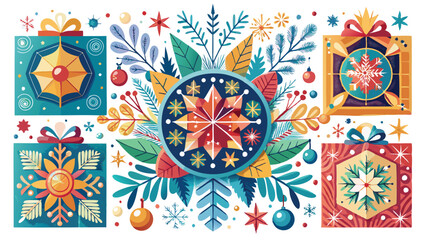 Merry Christmas greeting cards. Trendy square Winter Holidays art templates. border design is pattern Thai art style.