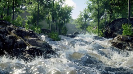 3D Illustration of a Rapidly Flowing River Through a Forest