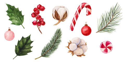 Festive set of watercolor illustration featuring candy canes, holly leaves, red berries, and...