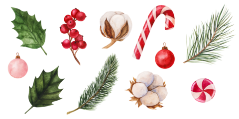 Festive set of watercolor illustration featuring candy canes, holly leaves, red berries, and Christmas ornaments. Perfect for holiday decorations, greeting cards, and seasonal projects