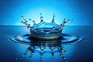 Water droplet splash in mini crown shape on bright blue background, nature, aqua, close-up, mini, isolated, beauty, circular, crown, serene, macro, liquid, bright, beautiful, background