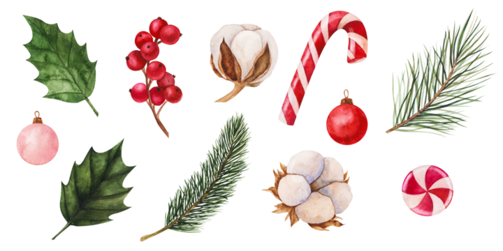 Festive set of watercolor illustration featuring candy canes, holly leaves, red berries, and Christmas ornaments. Perfect for holiday decorations, greeting cards, and seasonal projects