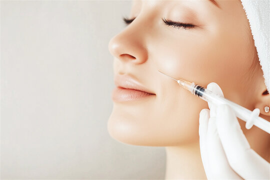 Beautician wearing latex gloves injecting hyaluronic acid into female patient's face for reducing wrinkles