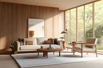 Modern minimalist living room with wooden accents, featuring a sleek sofa, wooden coffee table, floor lamp, armchair, and large windows allowing natural light. 3d render.