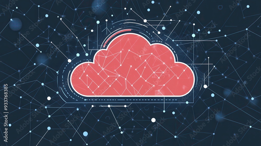 Aufkleber Red cloud illustration with interconnected lines on dark background, representing cloud computing and technology network concepts.