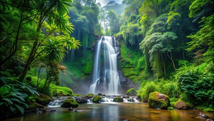 Fototapeta premium waterfall, nature, cascading, tropical paradise, serene, lush, outdoor, forest, peaceful, A stunning tropical waterfall surrounded by lush greenery in the forest during the rainy season