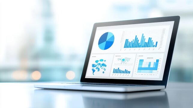 Open laptop displaying various business analytics, charts, and graphs on its screen in a modern office setting.