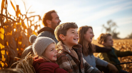 Happy family enjoying a hayride through golden cornfields, fall season.