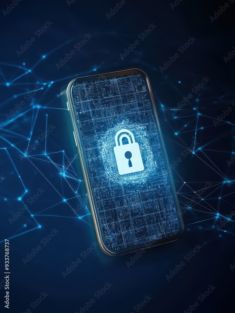 Aufkleber Smartphone with a digital lock symbolizing mobile security and data protection on abstract background with blue network connections.