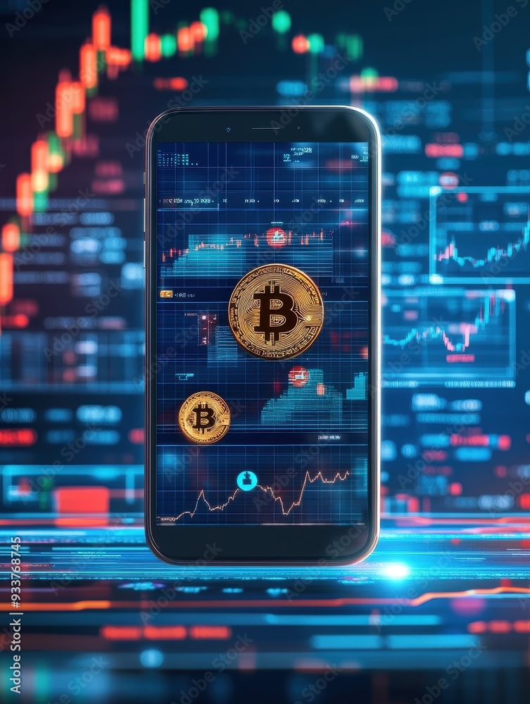 Fototapete Smartphone displaying Bitcoin graphs and trading data with financial charts in the background, illustrating cryptocurrency market trends.