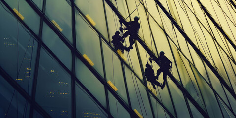 Silhouettes of cleaning company staff washing windows on an office building. High rise building window cleaner hangs against a skyscraper background.