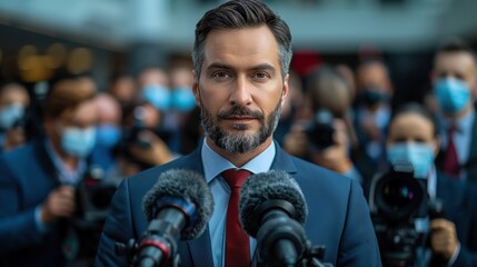 Confident man in a blue suit and red tie speaking at a press conference with multiple microphones, surrounded by a crowd of people and cameras in the background