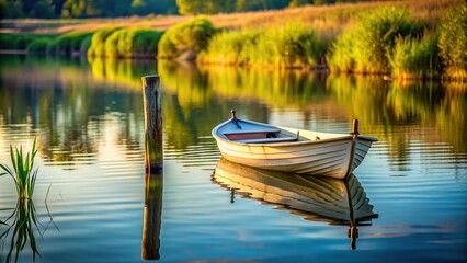 Obraz premium A small rowing boat tied to a post near the shore in a serene pond with shallow Depth of Field, tranquil, nature, small, post, relaxation, summer, landscape,boat, serene, idyllic, outdoors