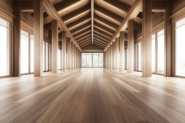 Spacious wooden hall with large windows, high vaulted ceilings, and ample natural light, creating a serene and elegant architectural space.
