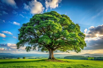 Fototapeta premium isolated, standing, majestic, surrounded, object, tall, nature, view, A tall majestic tree standing alone on an isolated background surrounded by lush green nature creating a panoramic view