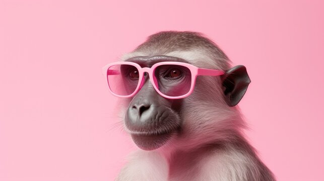 Hamadryas baboon with glasses. Close-up portrait of a Hamadryas baboon. Anthopomorphic creature. A fictional character for advertising and marketing. Humorous character for graphic design.