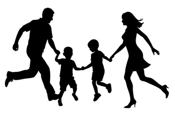 A Family of Four Running and Playing Together Illustration, Vector Art