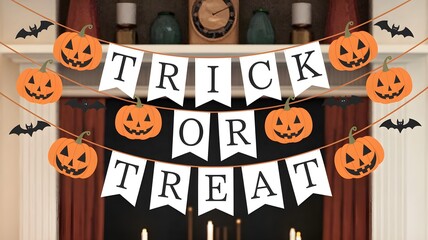 Adorable Halloween Laurel Hitting Set with Trick Or Treat Light, Pumpkins and Bats. Straightforward flag hanging party tasteful stylistic layout.