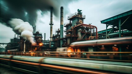  Planta industrial en funcionamiento con grandes chimeneas emitiendo humo oscuro y estructuras metálicas, capturada en un ambiente urbano con movimiento de vehículos industriales.