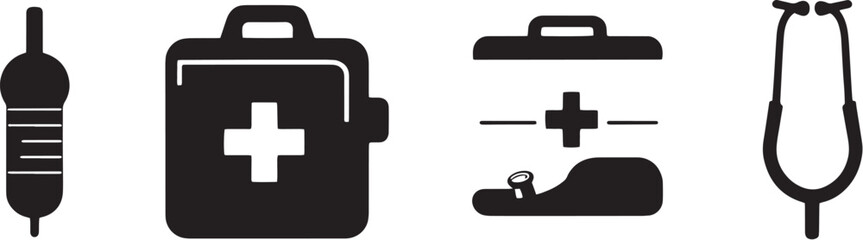 A minimalist vector icon set featuring a first aid kit, thermometer, medical cross, and blood pressure monitor