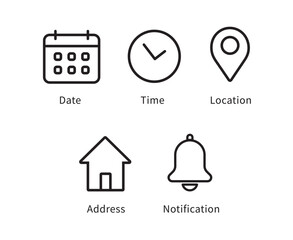 Date, time, location address, notification icon. Clock, calendar, location pin, home, bell icon. Web icon set. Vector illustration