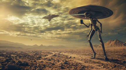 A alien standing and using phone to calling the UFO space ship from space.