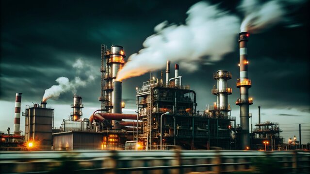 Complejo industrial con varias chimeneas emitiendo humo al cielo oscuro, representando una imagen de producci&oacute;n industrial a gran escala durante un d&iacute;a nublado.
