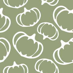 seamless autumn pattern with round pumpkins drawn with a white outline placed chaotically on a pastel green background, vector