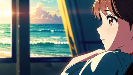 Fototapeta premium Anime Girl Looking at Ocean View Through Window