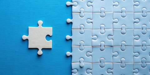 A puzzle with one missing piece on a blue background, success, game, problem, challenge, blue, accomplishment, victory, creativity, strategy, piece,puzzle, jigsaw, brainstorming, goal
