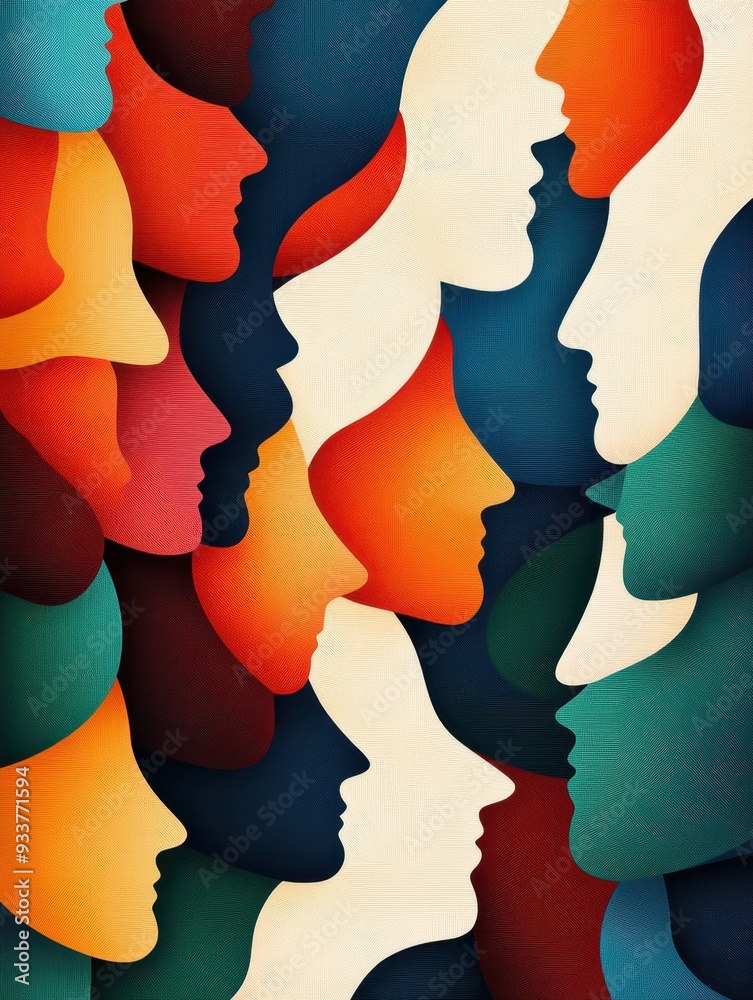 Poster Colorful layered abstract faces pattern. Vibrant multicolor silhouettes creating a dynamic visual. Modern art suitable for various creative projects.