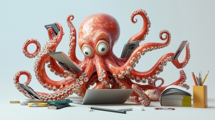 An octopus managing multiple tasks at a desk, symbolizing multitasking and work organization.