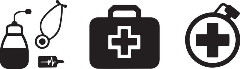 Obraz premium A minimalist vector icon set featuring a first aid kit, thermometer, medical cross, and blood pressure monitor