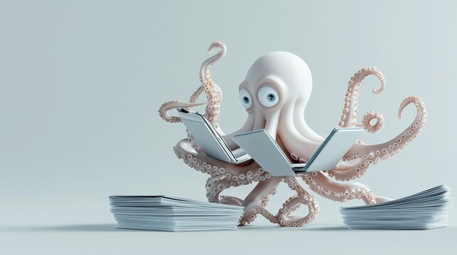 An octopus multitasking with multiple documents, symbolizing efficiency and productivity.