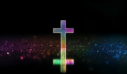 Fototapeta premium Rainbow holographic glowing Christian cross with copy space.