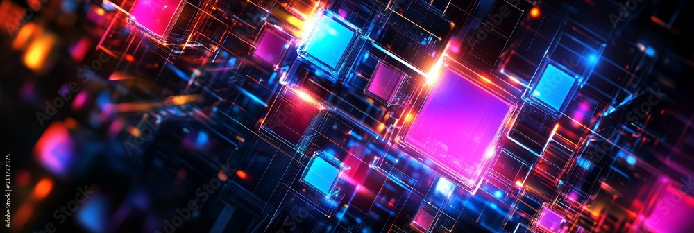 Canvas Prints Abstract Technology Background with Neon Lights and Glowing Squares - A futuristic and abstract background with neon lights, glowing squares and lines symbolizing technology, innovation, data, connect