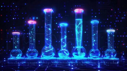 Glowing neon test tubes with blue and purple light, cyberpunk test tubes, unique and vibrant scientific setting