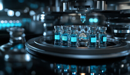 A futuristic laboratory featuring advanced machinery meticulously processes vials containing blue liquid, representing cutting-edge science and technology in a sterile environment.