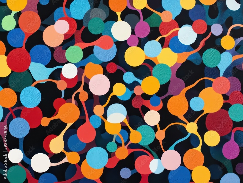 Poster vibrant abstract artwork filled with interconnected colorful circles and organic shapes on a dark ba