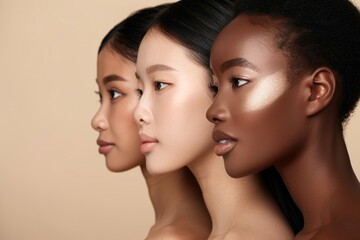 Fototapeta premium A captivating portrait showcasing a diverse group of women with different skin tones and makeup highlights, emphasizing beauty, diversity, and individuality in a harmonious and elegant way