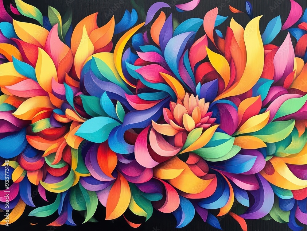 Poster vibrant abstract floral artwork with colorful petals in various shapes and gradients on a dark backg